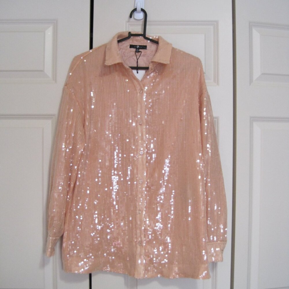 NWT 7 For All Mankind Sequin Button Down Shirt in Peach